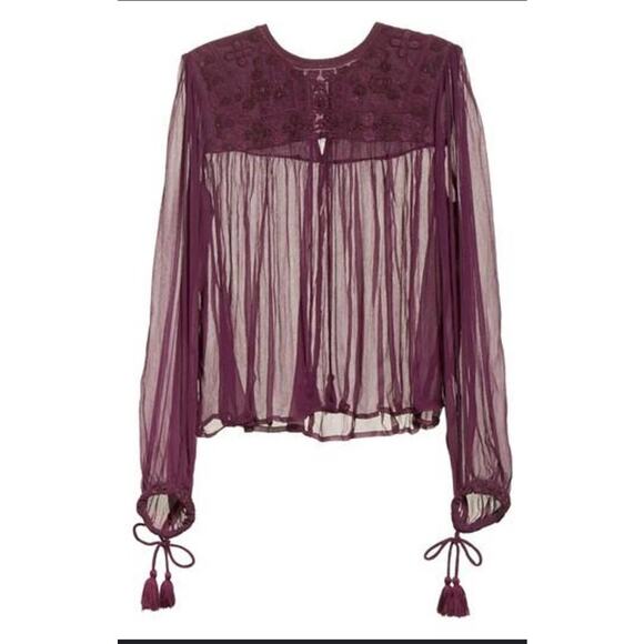 Free People Women's Sheer Femme Embroidered Retro Blouse Purple S Sexy Boho - Picture 3 of 8
